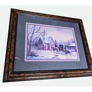 Framed Winter Church Scene Print By M. Caroselli With Horses & Carriage - Rustic